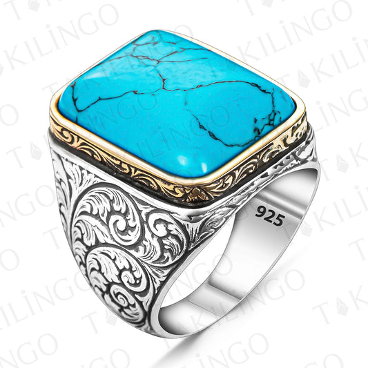 Turquoise Stone Ring 925 Sterling Silver Turquoise Turkish Biker Ring Ideal Gift for Dad Boyfriend