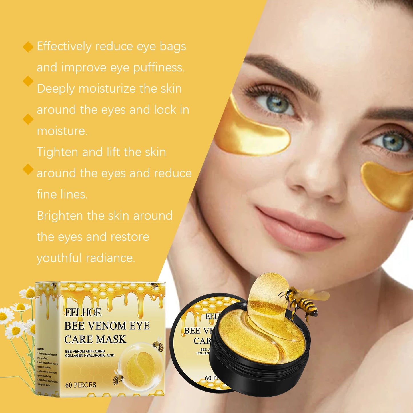 EELHOE Bee Venom Eye Patches Anti Dark Circles Puffiness Removal Eye Bag Moisturizing Firming Smooth Eye Mask Skin Care Products