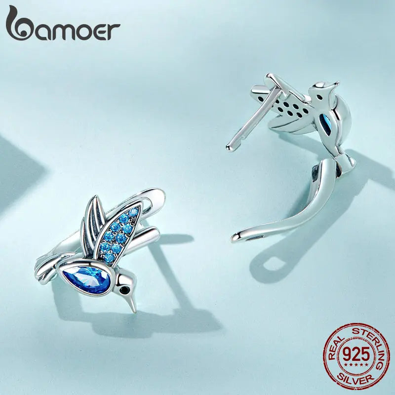 Bamoer 925 Sterling Silver Hummingbird Ear Buckles Bird Insect Hoop Earring Natural for Women Party Birthday Gift Fine Jewelry