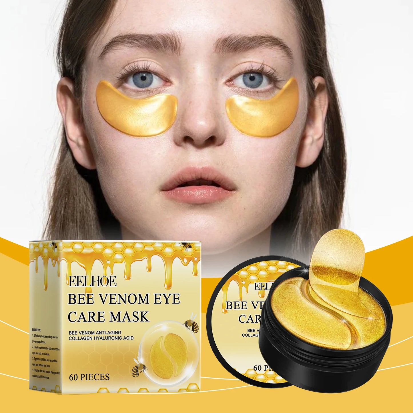 EELHOE Bee Venom Eye Patches Anti Dark Circles Puffiness Removal Eye Bag Moisturizing Firming Smooth Eye Mask Skin Care Products