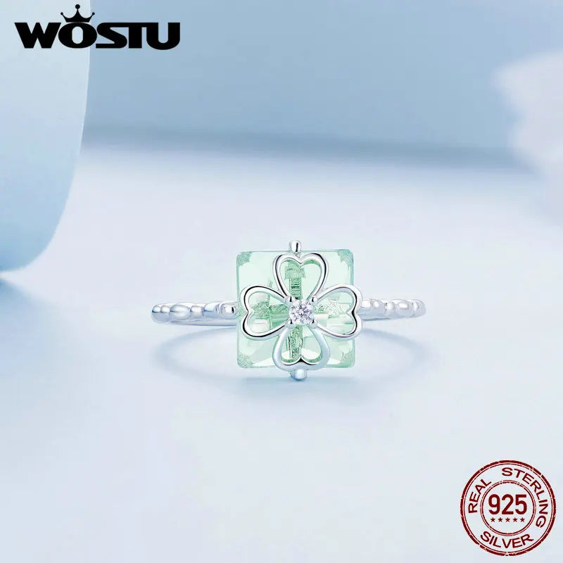 WOSTU 正品 925 纯银四叶草戒指 女士女孩绿水晶戒指 春季珠宝礼物