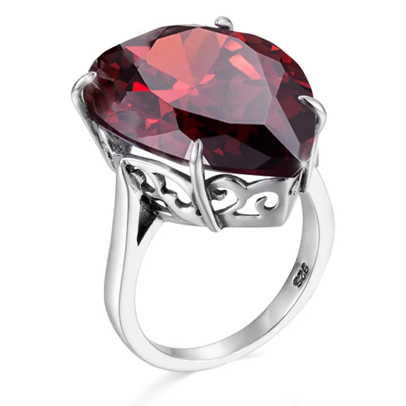 Bulbusbow 925 Sterling Silver Chunky Heart Ring for Women with Big Garnet Gemstone – Trendy Unique Handmade Bridal Engagement Jewelry