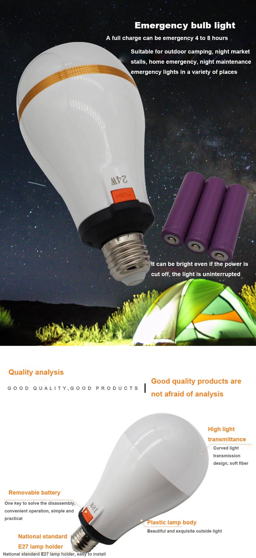 18650 Battery LED Emergency Bulb with Removable 18650 Outdoor Camping Rechargeable Bulb Power Supply AC 85-265V Lighting 8 Hours