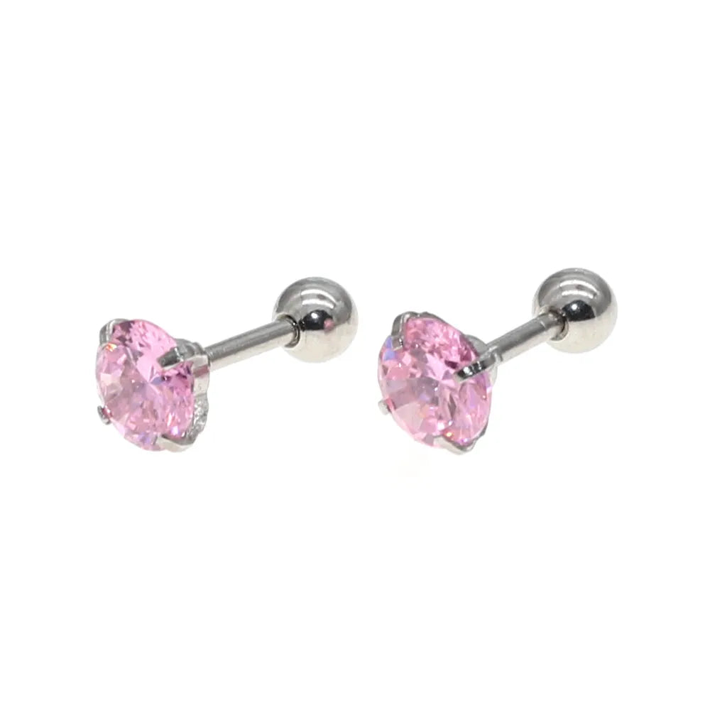 The Screw-back Stud Earrings Pink Zircon The Needl is 1.2*6mm 316L Stainless Steel No Allergy Never Fade