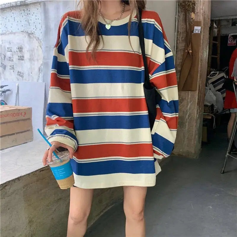 autumn Hoodies Striped Oversized Sweatshirt Women Harajuku Pullovers Korean Fashion Couples Matching Long Sleeve Tops Streetwear