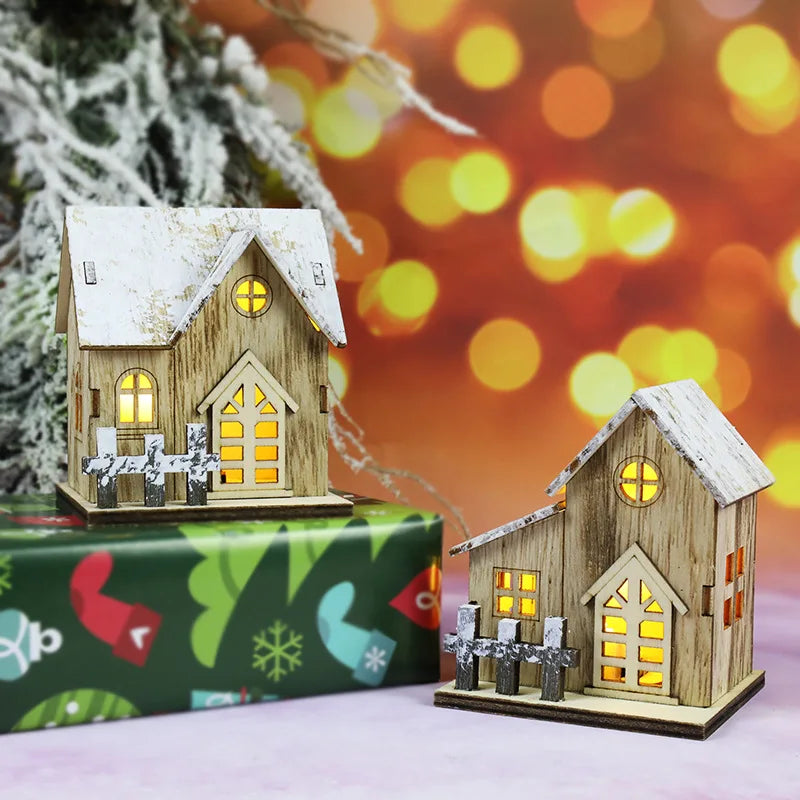 Christmas LED Light Wooden House Luminous Cabin Merry Christmas Decorations for Home DIY Xmas Tree Ornaments Kids Gift New Year