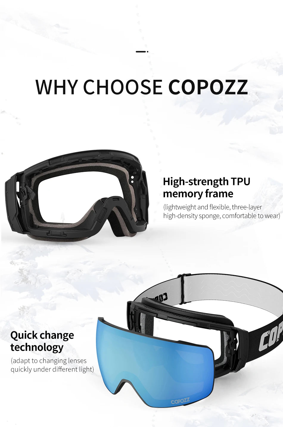 Copozz Magnetic Polarized Ski Goggles Anti-Fog Winter Double-Layers UV400 Protection Men Ski Glasses Eyewear with Lens Case Set