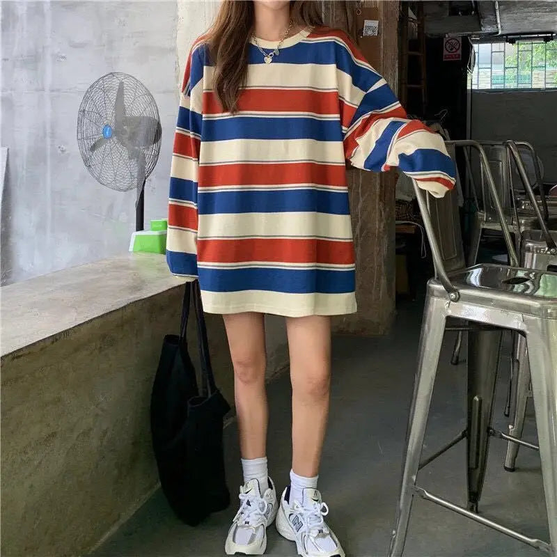 autumn Hoodies Striped Oversized Sweatshirt Women Harajuku Pullovers Korean Fashion Couples Matching Long Sleeve Tops Streetwear