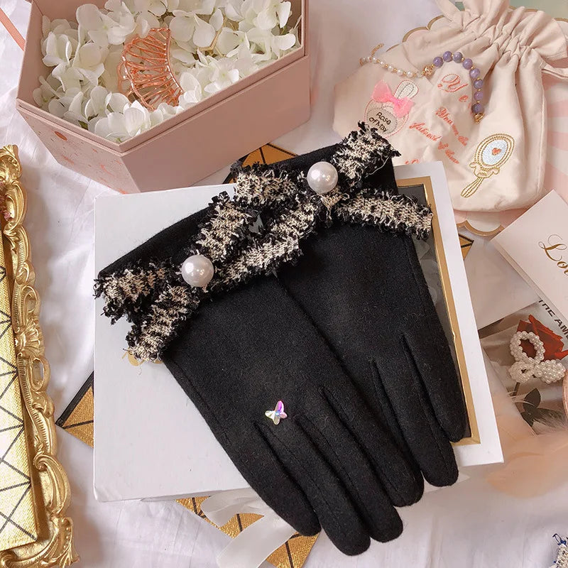 Luxury Winter Women Gloves Thick Plush Wool Black Gloves for Women Pearl Flower Bowknot Mittens for Elegant Lady Gift for Mom