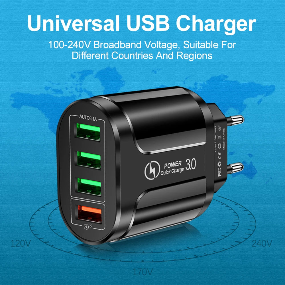 4 USB 45W USB Charger Fast Charge QC 3.0 Wall Charging For iPhone 15 14 Samsung Xiaomi Mobile 4 Ports EU US Plug Adapter Travel