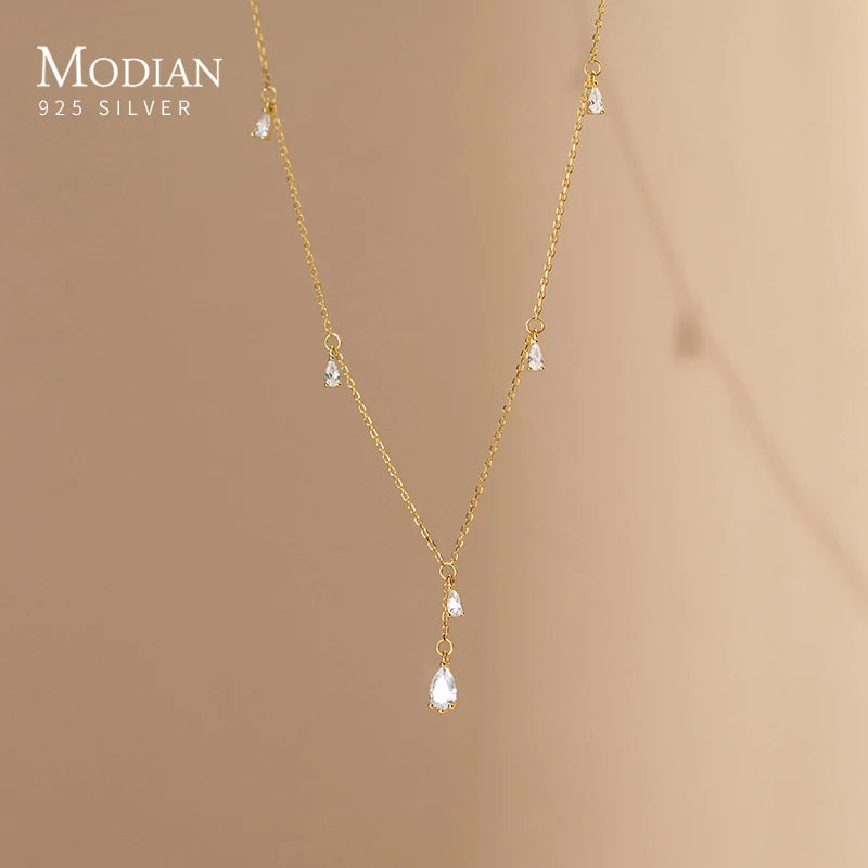 MODIAN 925 Sterling Silver Twinkling CZ Water Drop Necklace Chain for Women Gold Color Link Wedding Statement Fine Jewelry Gifts