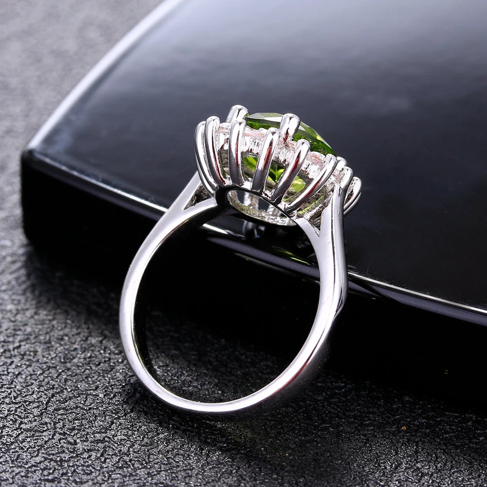 925 Sterling Silver Ring Flower Silver Rings with Peridot Stones Shining Luxury Wedding Engagement Rings for Women Jewelry