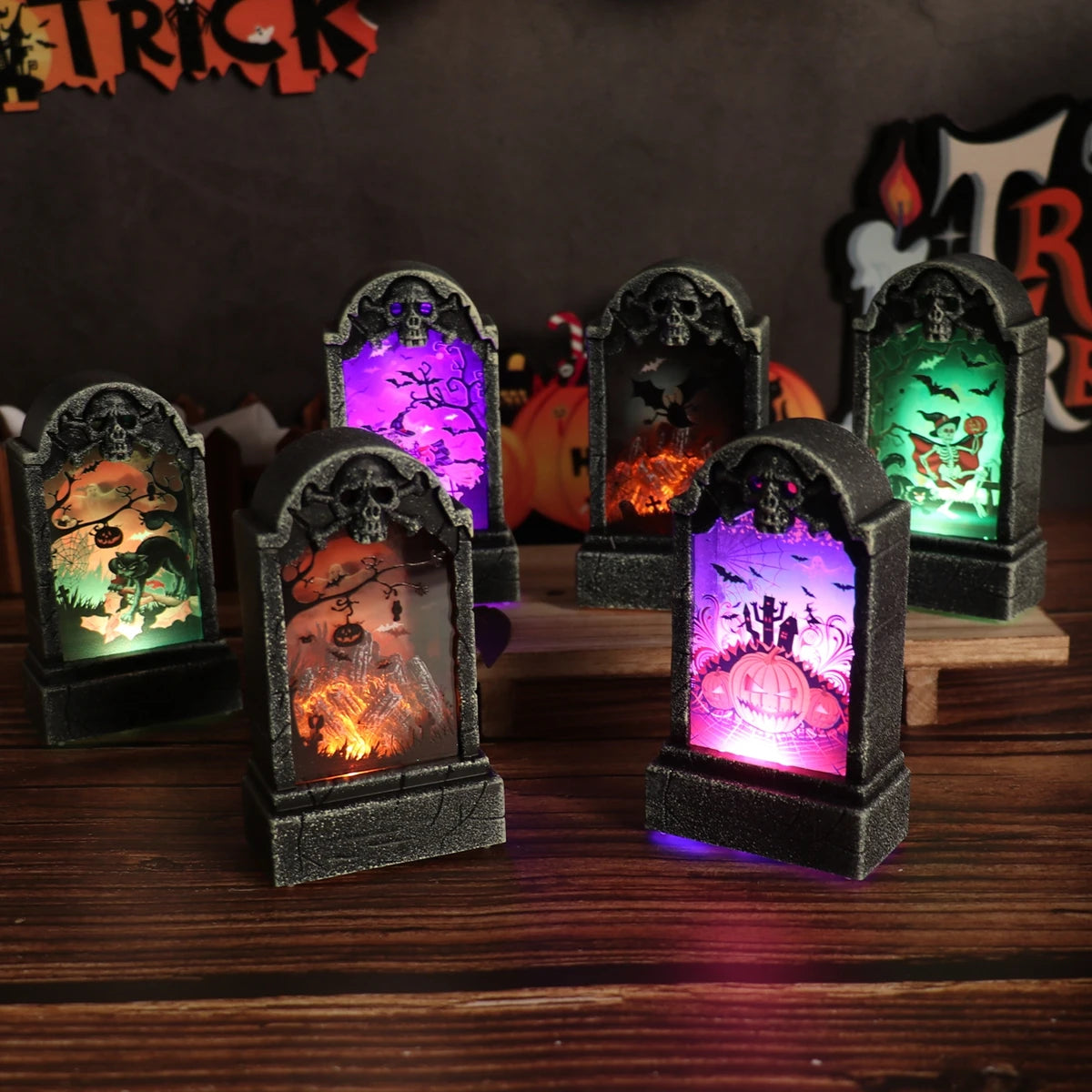 Halloween LED Tombstone Light Glowing Decoration Horror Happy Halloween Party Home Garden Decor Retro Simulation Gravestone Lamp