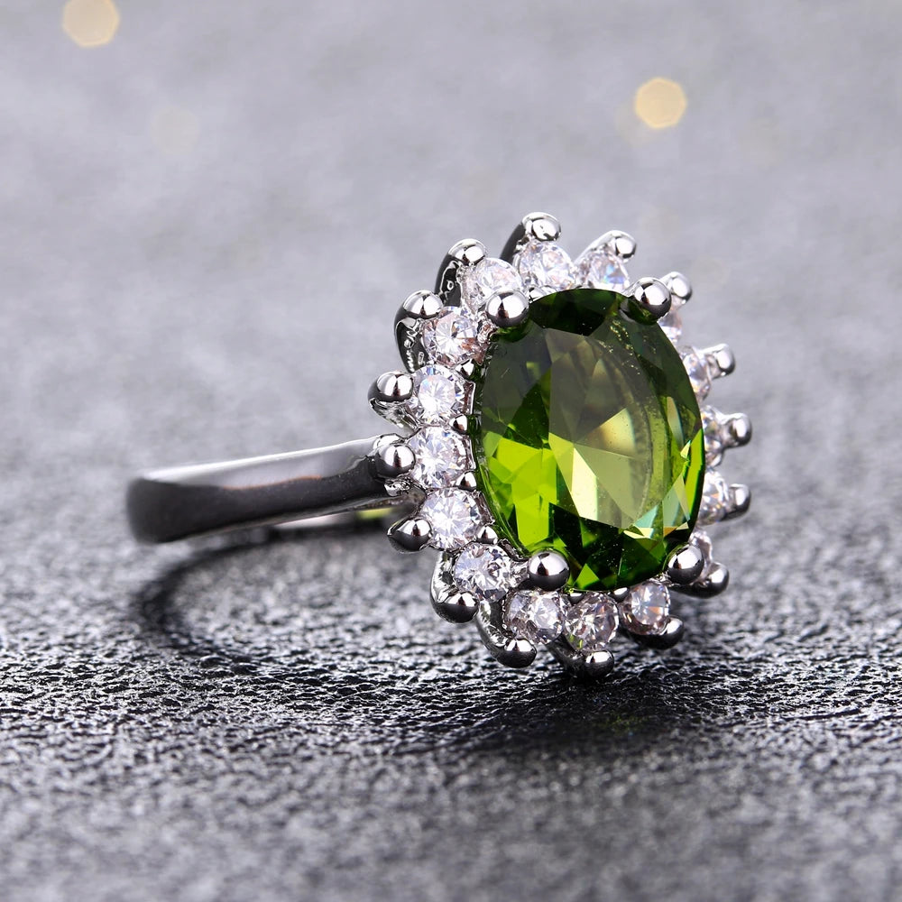 925 Sterling Silver Ring Flower Silver Rings with Peridot Stones Shining Luxury Wedding Engagement Rings for Women Jewelry