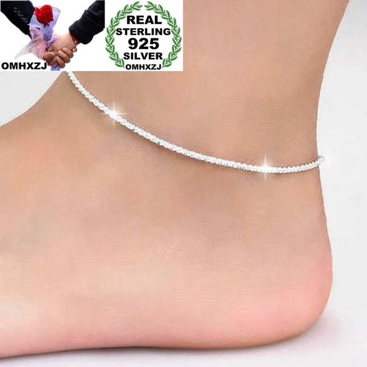 OMHXZJ Wholesale European Fashion Woman Girl Party Birthday Wedding Gift Simple Slim Blank 925 Sterling Silver Chain Anklet JL03