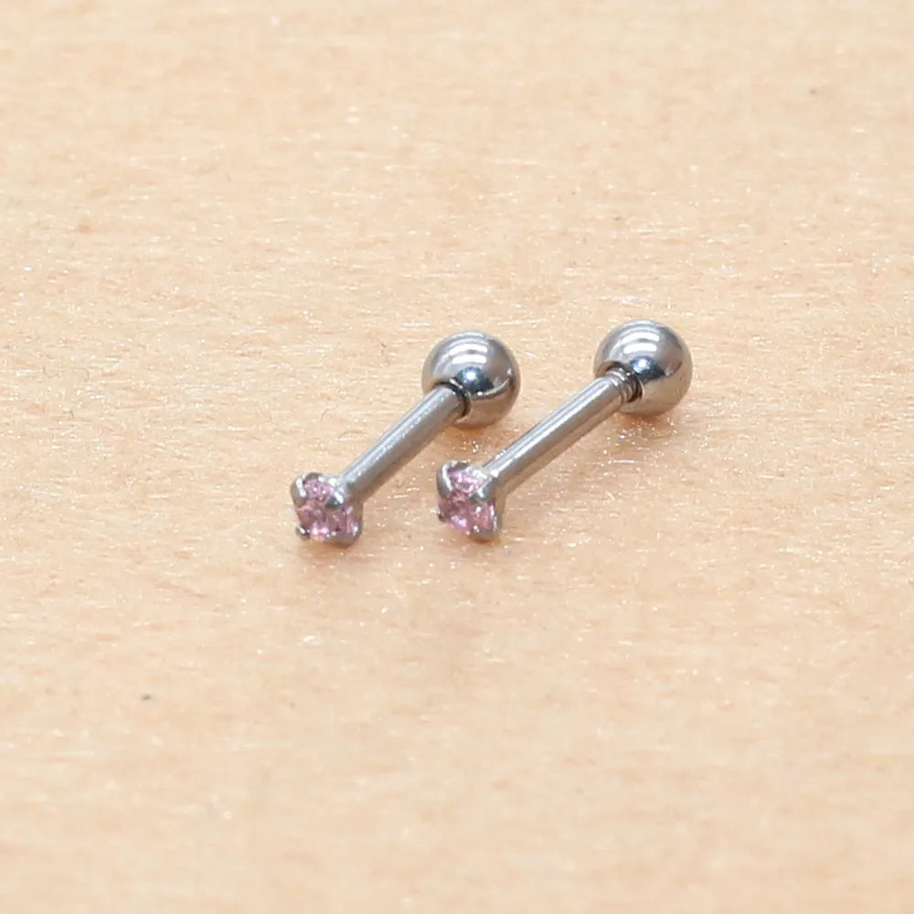 The Screw-back Stud Earrings Pink Zircon The Needl is 1.2*6mm 316L Stainless Steel No Allergy Never Fade