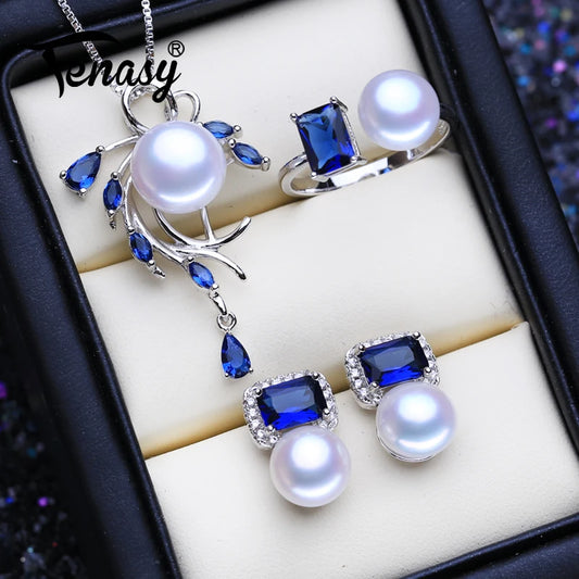 FENASY 925 Sterling Silver Necklace Natural Pearl Jewelry Sets For Women Bohemian Stud Earrings Sapphire Pendant Party Rings