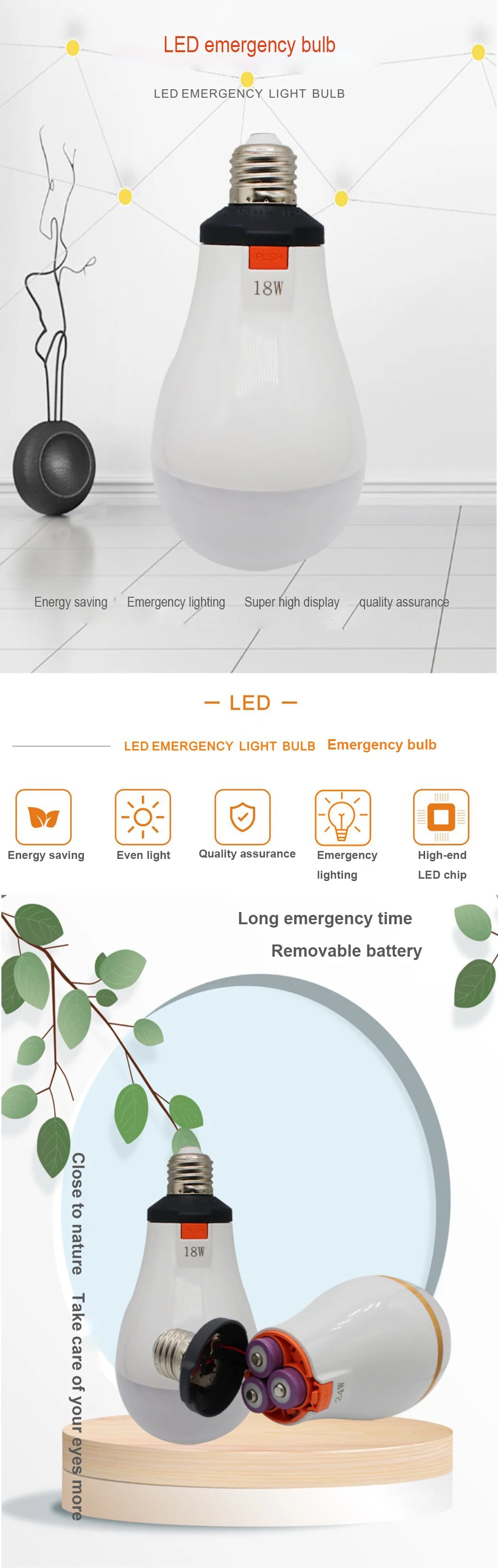 18650 Battery LED Emergency Bulb with Removable 18650 Outdoor Camping Rechargeable Bulb Power Supply AC 85-265V Lighting 8 Hours