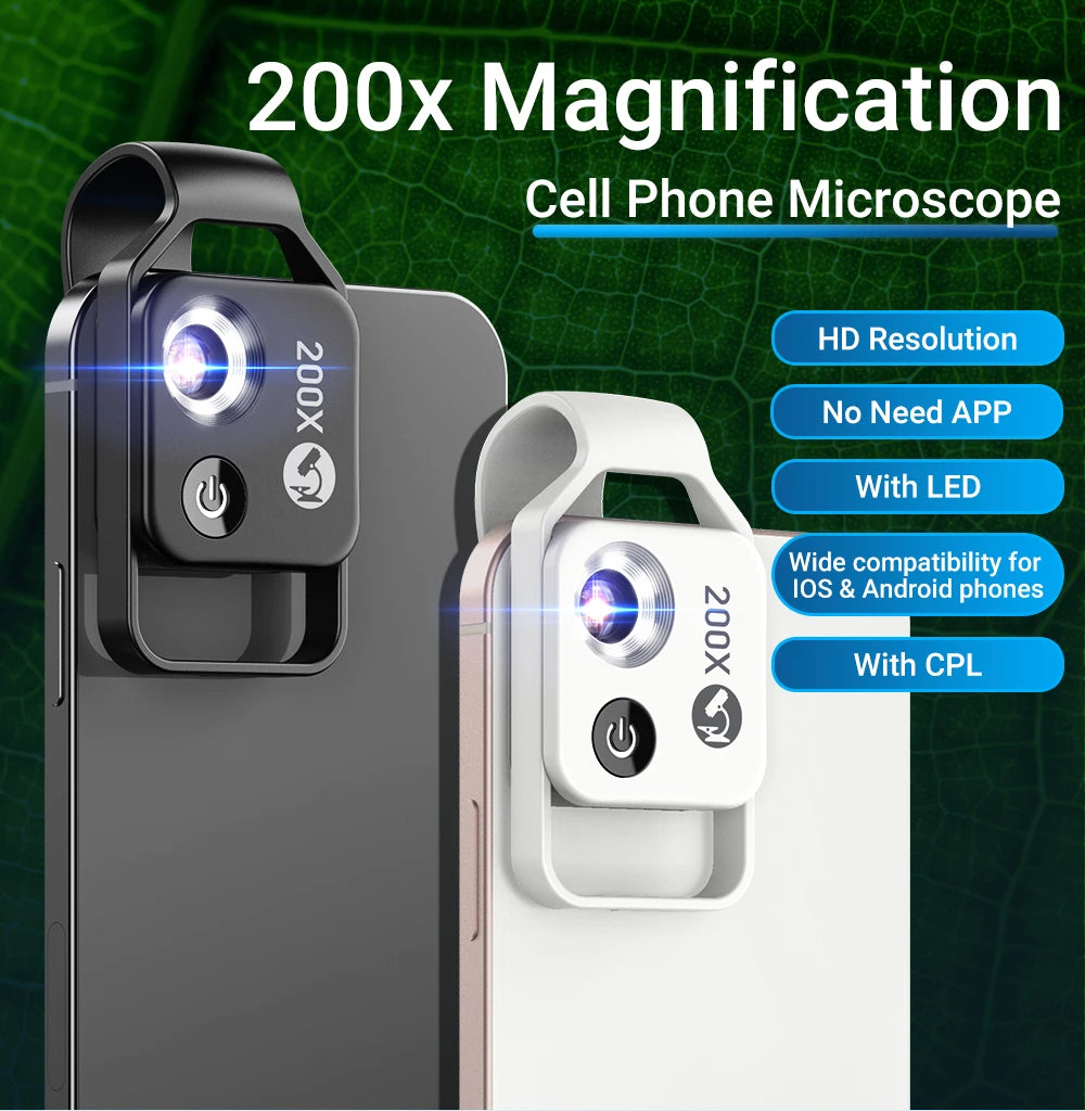 APEXEL 200X magnification microscope lens withCPL mobile LED Light micro pocket macro lenses for iPhone Samsung  all smartphones