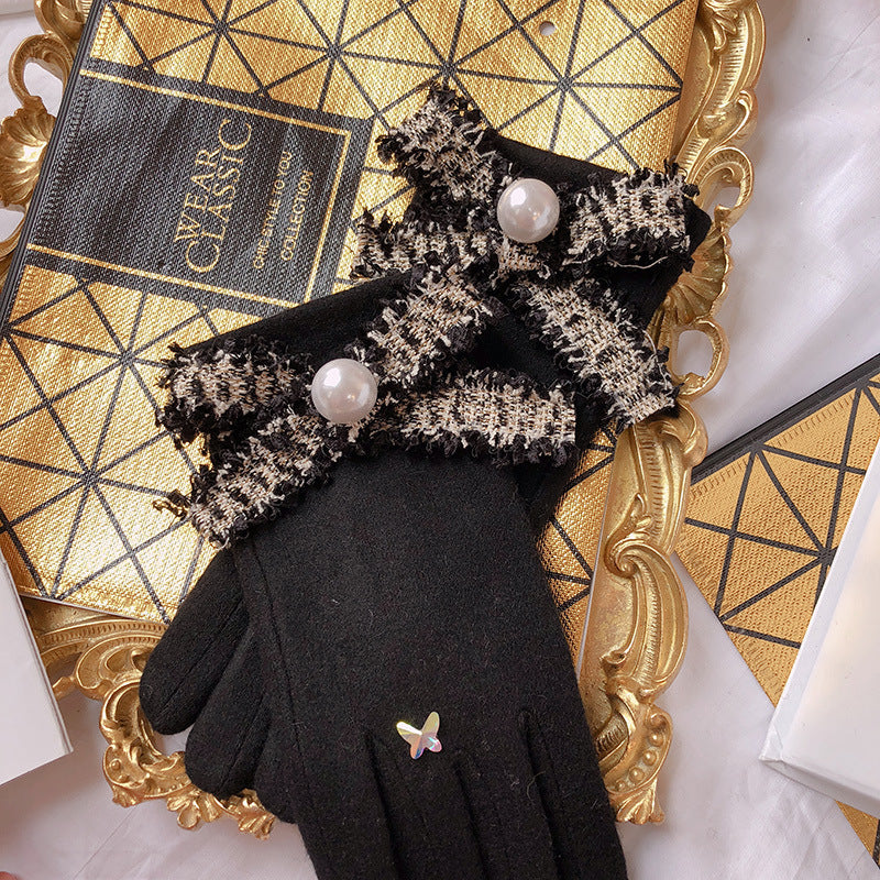 Luxury Winter Women Gloves Thick Plush Wool Black Gloves for Women Pearl Flower Bowknot Mittens for Elegant Lady Gift for Mom