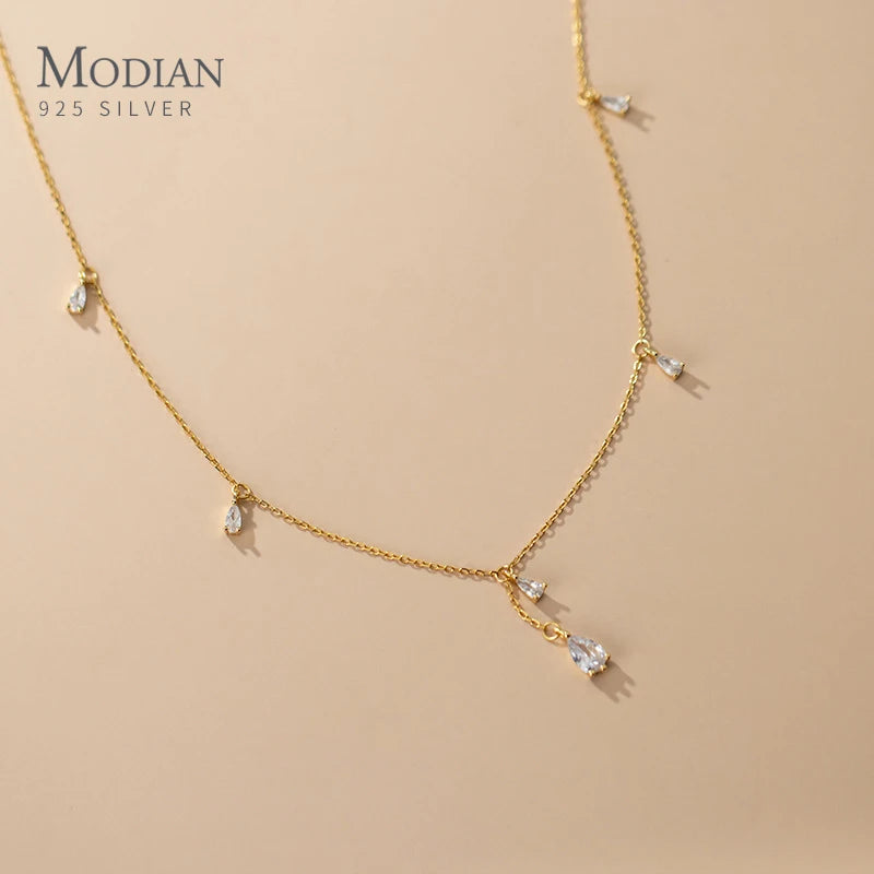 MODIAN 925 Sterling Silver Twinkling CZ Water Drop Necklace Chain for Women Gold Color Link Wedding Statement Fine Jewelry Gifts