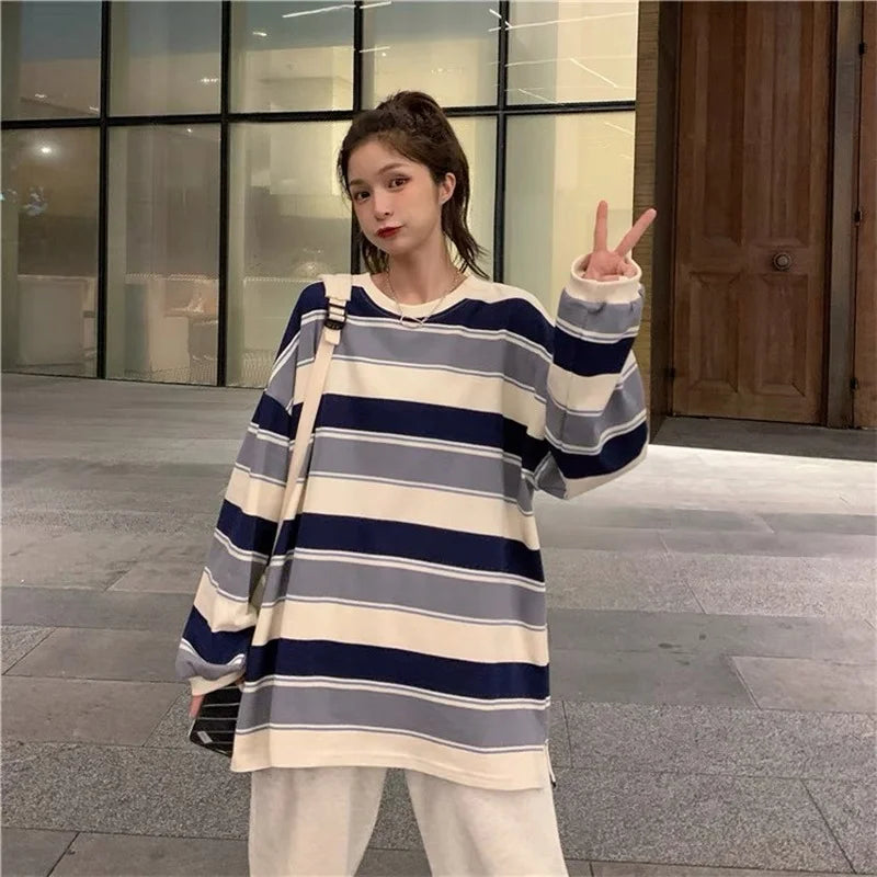 autumn Hoodies Striped Oversized Sweatshirt Women Harajuku Pullovers Korean Fashion Couples Matching Long Sleeve Tops Streetwear