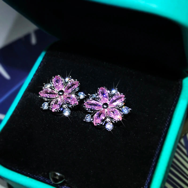 925 Sterling Silver Micro-Inlaid Sweet Temperament Flower Zircon Earrings For Ladies Party Birthday Jewelry Gifts