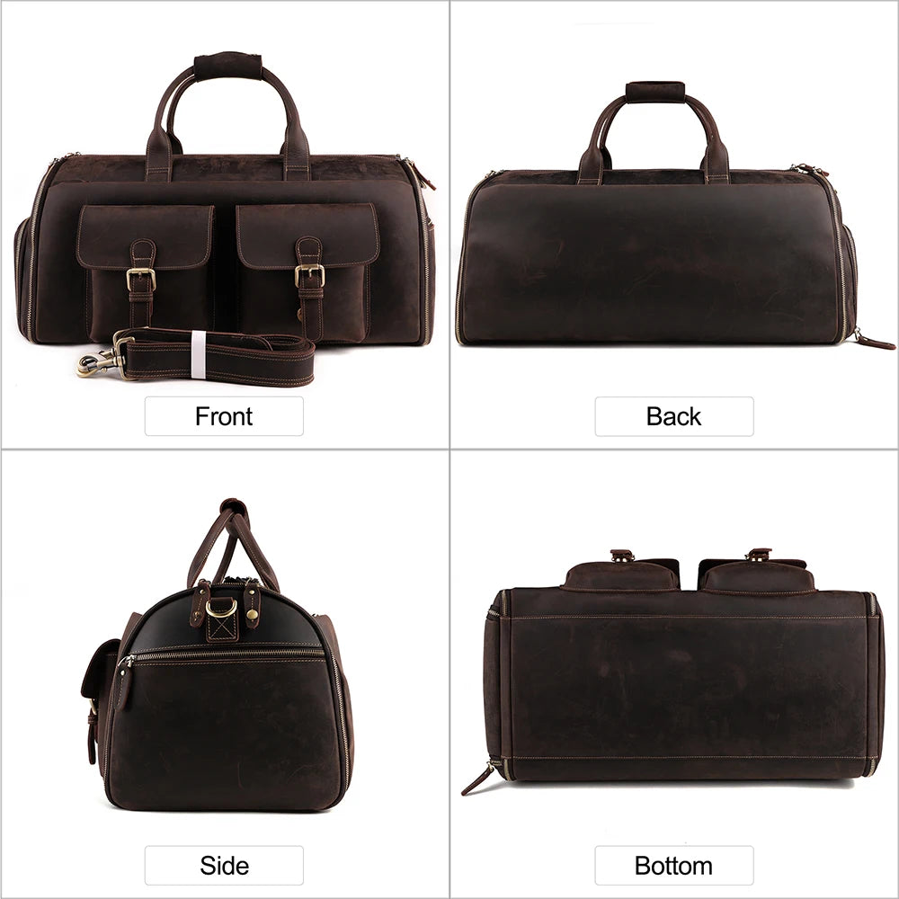 JOYIR Genuine Leather Travel Bag Large Capacity Duffle Shoes Storage Vintage Luggage Cowhide Shoulder Bag Male Weekend Bag