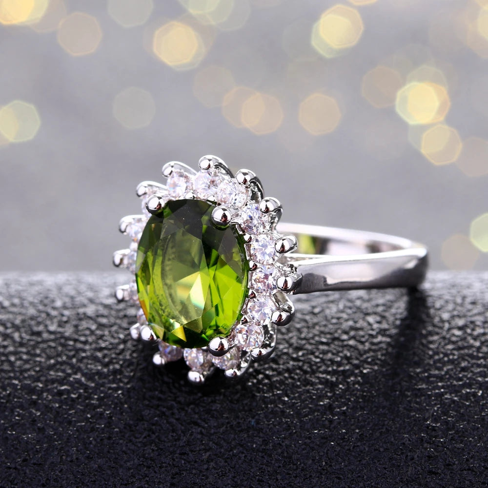 925 Sterling Silver Ring Flower Silver Rings with Peridot Stones Shining Luxury Wedding Engagement Rings for Women Jewelry