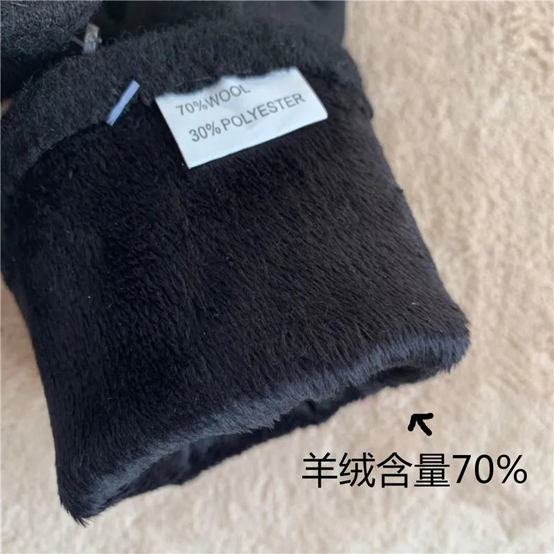 Luxury Winter Women Gloves Thick Plush Wool Black Gloves for Women Pearl Flower Bowknot Mittens for Elegant Lady Gift for Mom