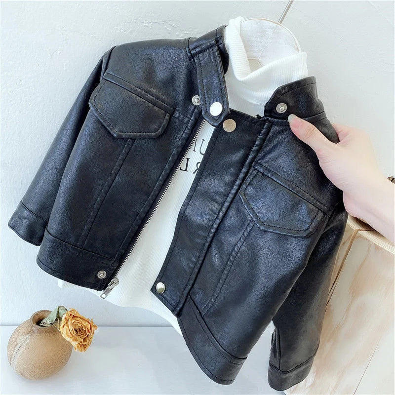 Spring Autumn Children Boys Girls leather jacketJacket 2021 New Fashion Handsome Baby Zipper Coat Kids Outerwear Leather Jacket