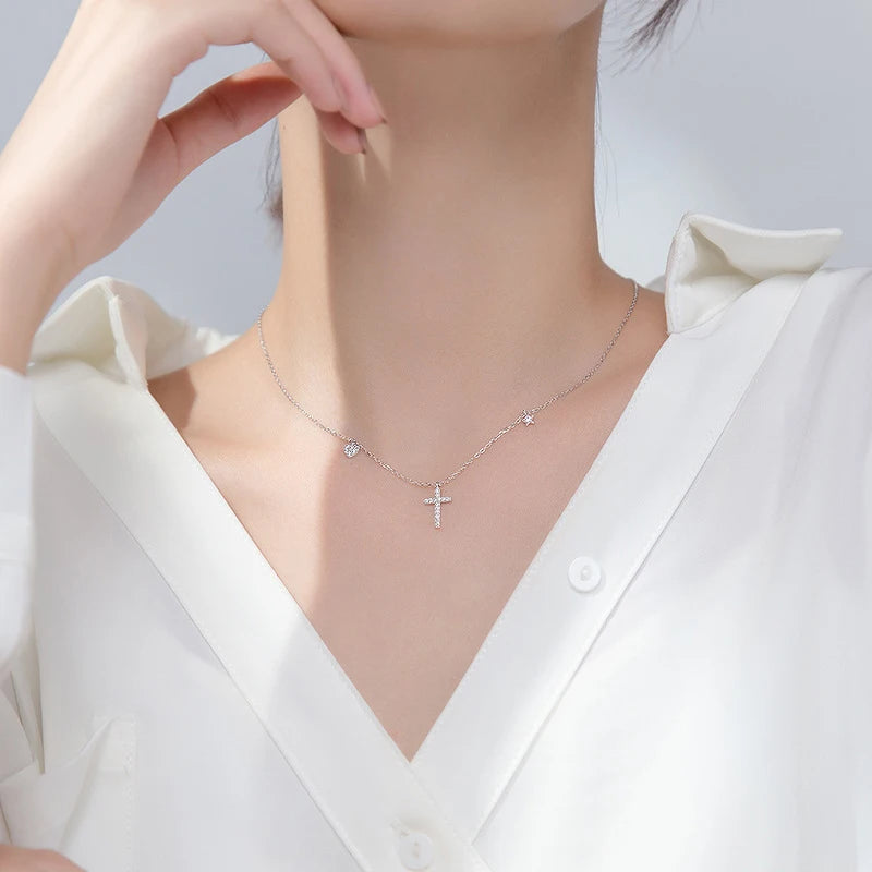 Modian 925 Sterling Silver Star Cross Hearts Pendant Necklace for Women Gold Color Link Chain Necklace Korea Style Fine Jewelry