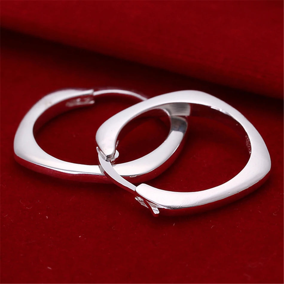 DOTEFFIL 925 Sterling Silver Flat Square Round 20mm Hoop Earrings For Woman Wedding Engagement Fashion Party Charm Jewelry