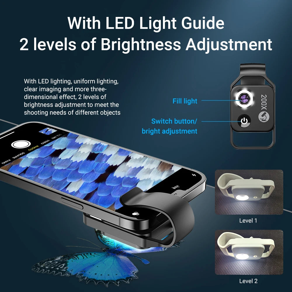 عدسة مجهر تكبير 200X من APEXEL مع ضوء LED للجوال CPL عدسات ماكرو صغيرة للجيب لهواتف iPhone وSamsung وجميع الهواتف الذكية