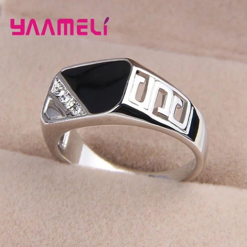 Classic Male Mens Wide Band Ring Unique 925 Sterling Silver Plated White Black Rhinestone Square Statement Hip Hop Jewelry