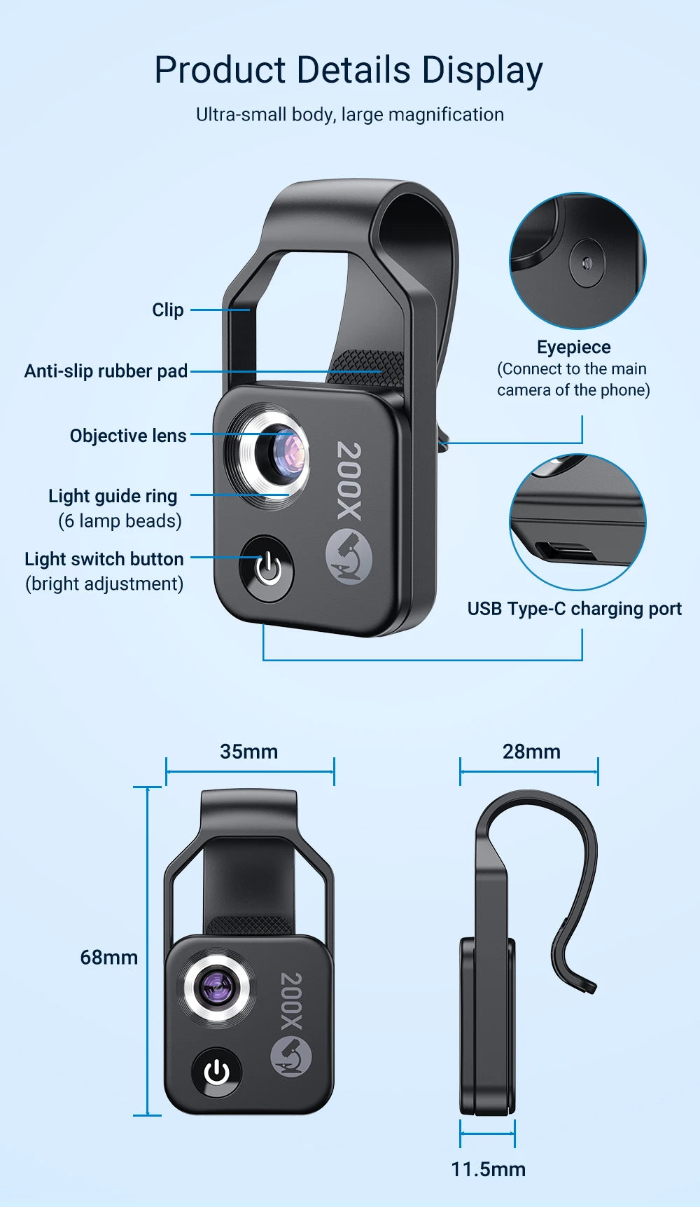 APEXEL Digital 200X Microscope Lens with CPL Mobile LED Guide Light Lamp Micro Pocket SuperMacro Lens for iPhone Samsung phones