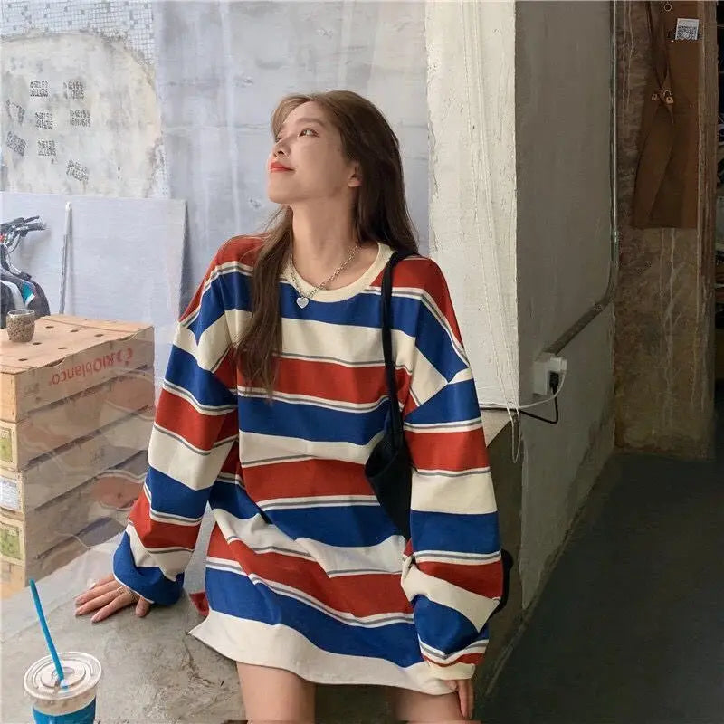 autumn Hoodies Striped Oversized Sweatshirt Women Harajuku Pullovers Korean Fashion Couples Matching Long Sleeve Tops Streetwear