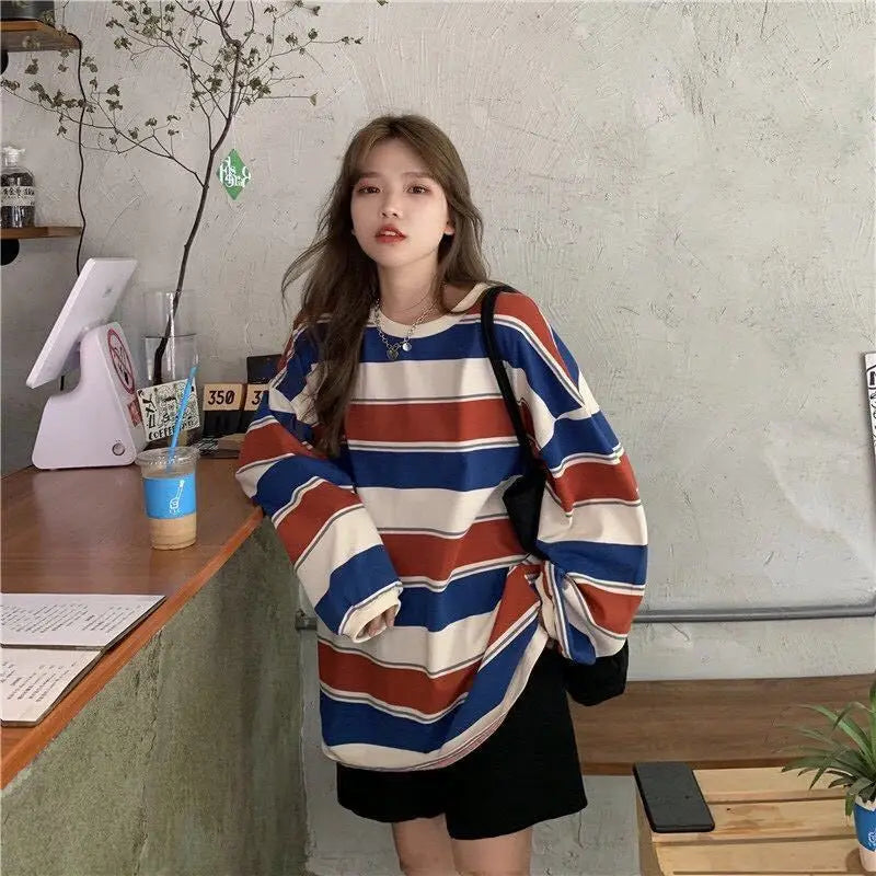 autumn Hoodies Striped Oversized Sweatshirt Women Harajuku Pullovers Korean Fashion Couples Matching Long Sleeve Tops Streetwear