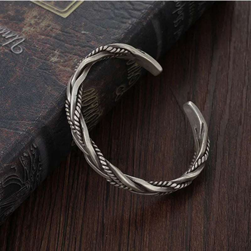 925 Sterling Silver Twisted Woven Bracelet bangle Cuff man women Retro Thai Original Handmade Exquisite Unique Opening Gift