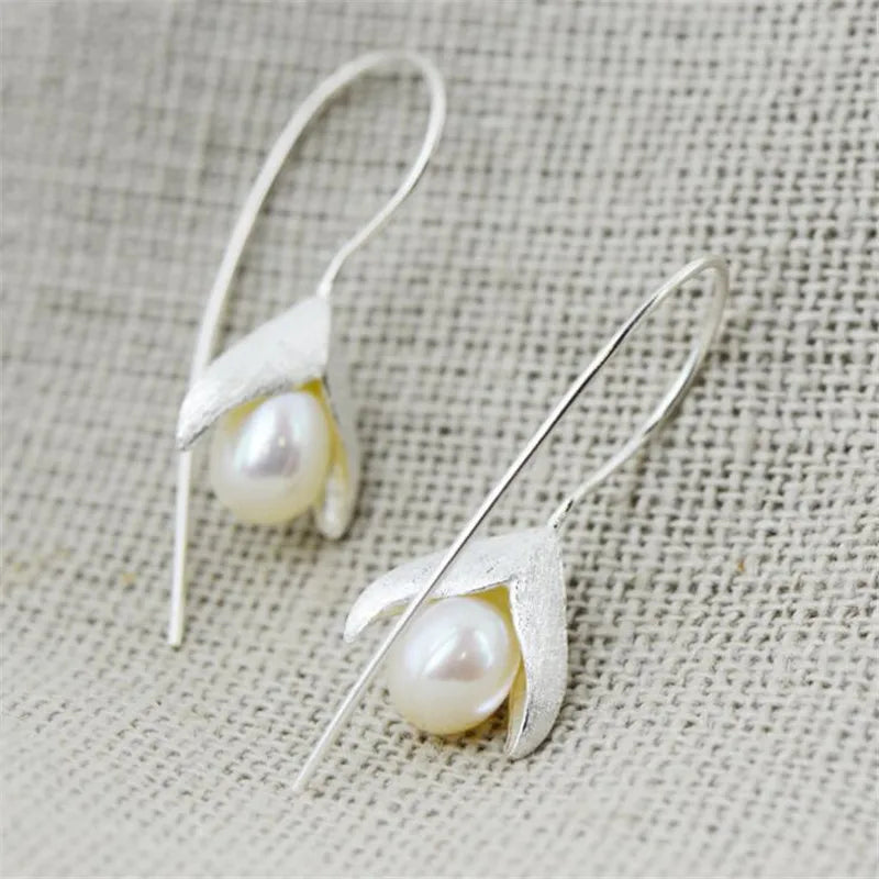 New Fashion Temperament Handmade Flower 925 Sterling Silver Jewelry Ear Hook Natural Drawing Pearl Elegance Earrings E108