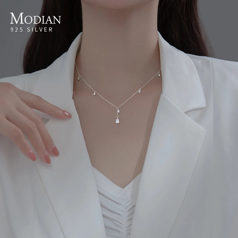 MODIAN 925 Sterling Silver Twinkling CZ Water Drop Necklace Chain for Women Gold Color Link Wedding Statement Fine Jewelry Gifts