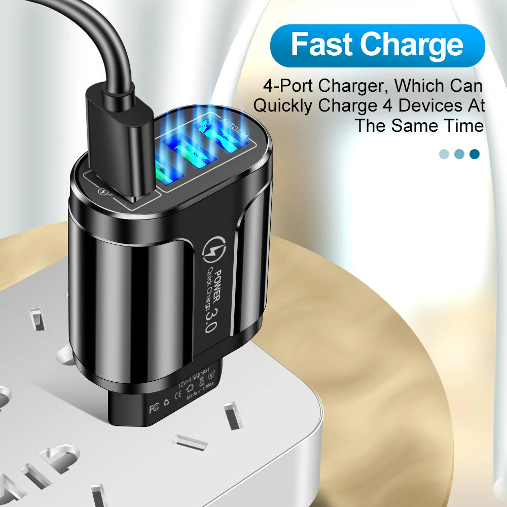 4 USB 45W USB Charger Fast Charge QC 3.0 Wall Charging For iPhone 15 14 Samsung Xiaomi Mobile 4 Ports EU US Plug Adapter Travel