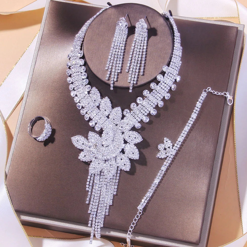  Bulbusbow Stonefans Luxury Flowers Rhinestone Bridal Jewelry Set with Necklace, Bracelet, Earrings, and Ring