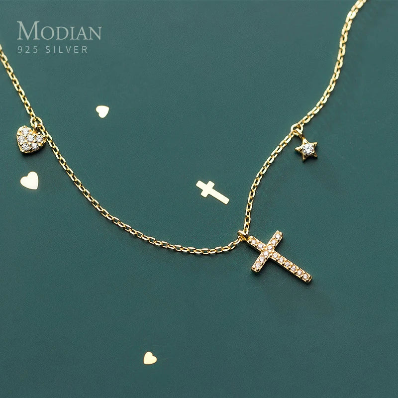 Modian 925 Sterling Silver Star Cross Hearts Pendant Necklace for Women Gold Color Link Chain Necklace Korea Style Fine Jewelry