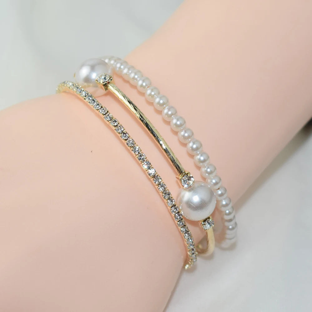 Crystal Pearl Bracelet Ladies Rhinestone Multi-layer Adjustable Bangles Cuffs Gold Silver Plated Charm Bracelets Jewelry Gift