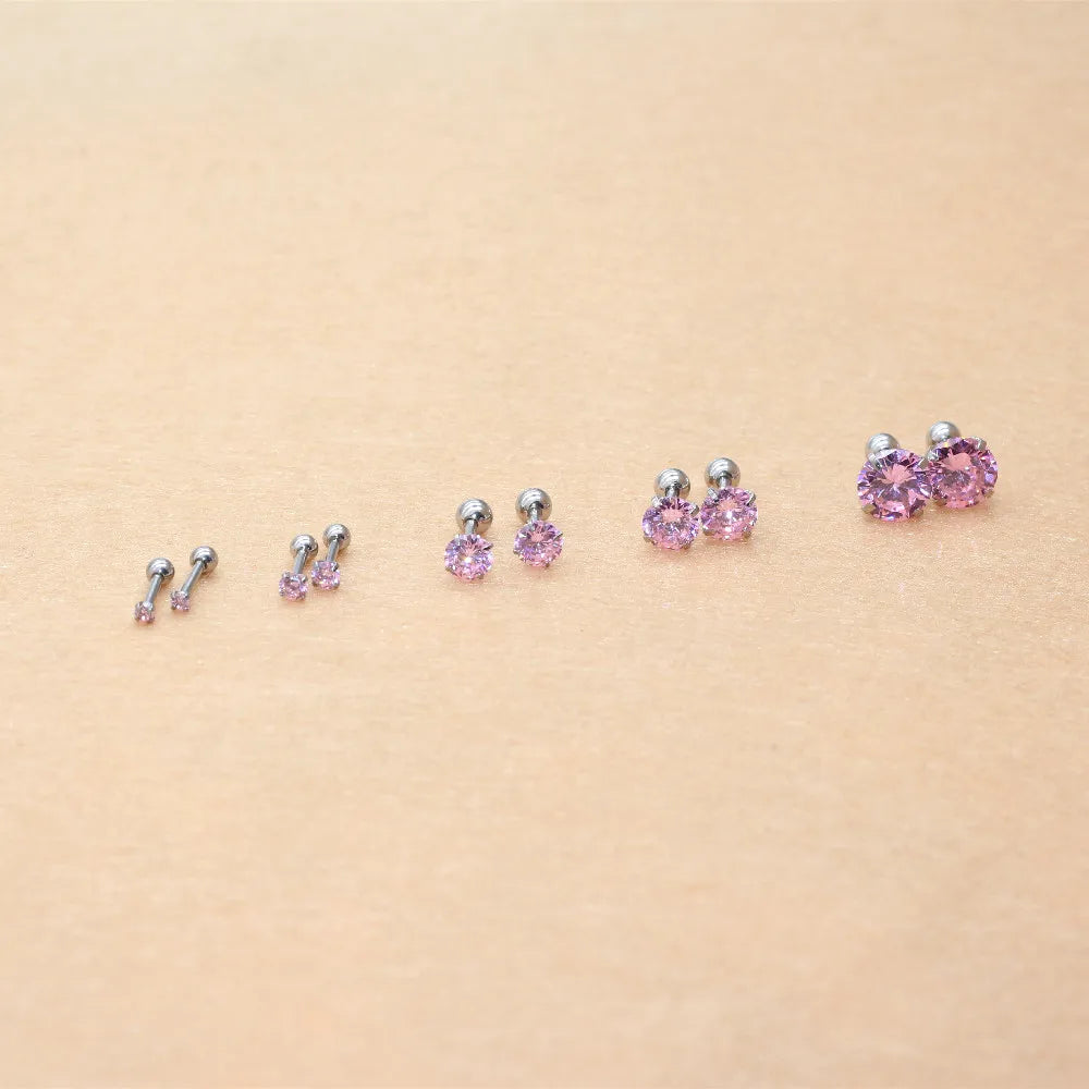 The Screw-back Stud Earrings Pink Zircon The Needl is 1.2*6mm 316L Stainless Steel No Allergy Never Fade