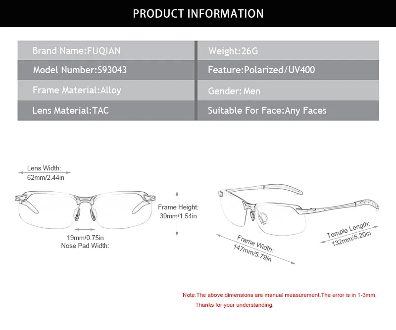 FUQIAN Photochromic Sunglasses Men Women Vintage Metal Polarized Sun Glasses For Male Night Vision Driving Sunglass