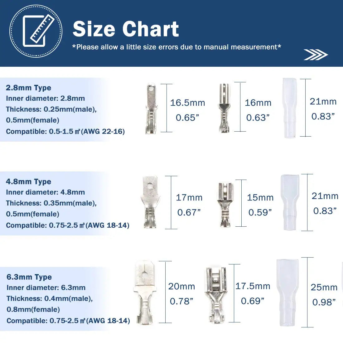 Male Female Wire Box Insulated Cable Macho Connector 2.8/6.3mm Electrical Crimp Terminals Termin Spade Connectors Assorted Kit