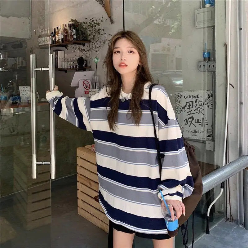 autumn Hoodies Striped Oversized Sweatshirt Women Harajuku Pullovers Korean Fashion Couples Matching Long Sleeve Tops Streetwear