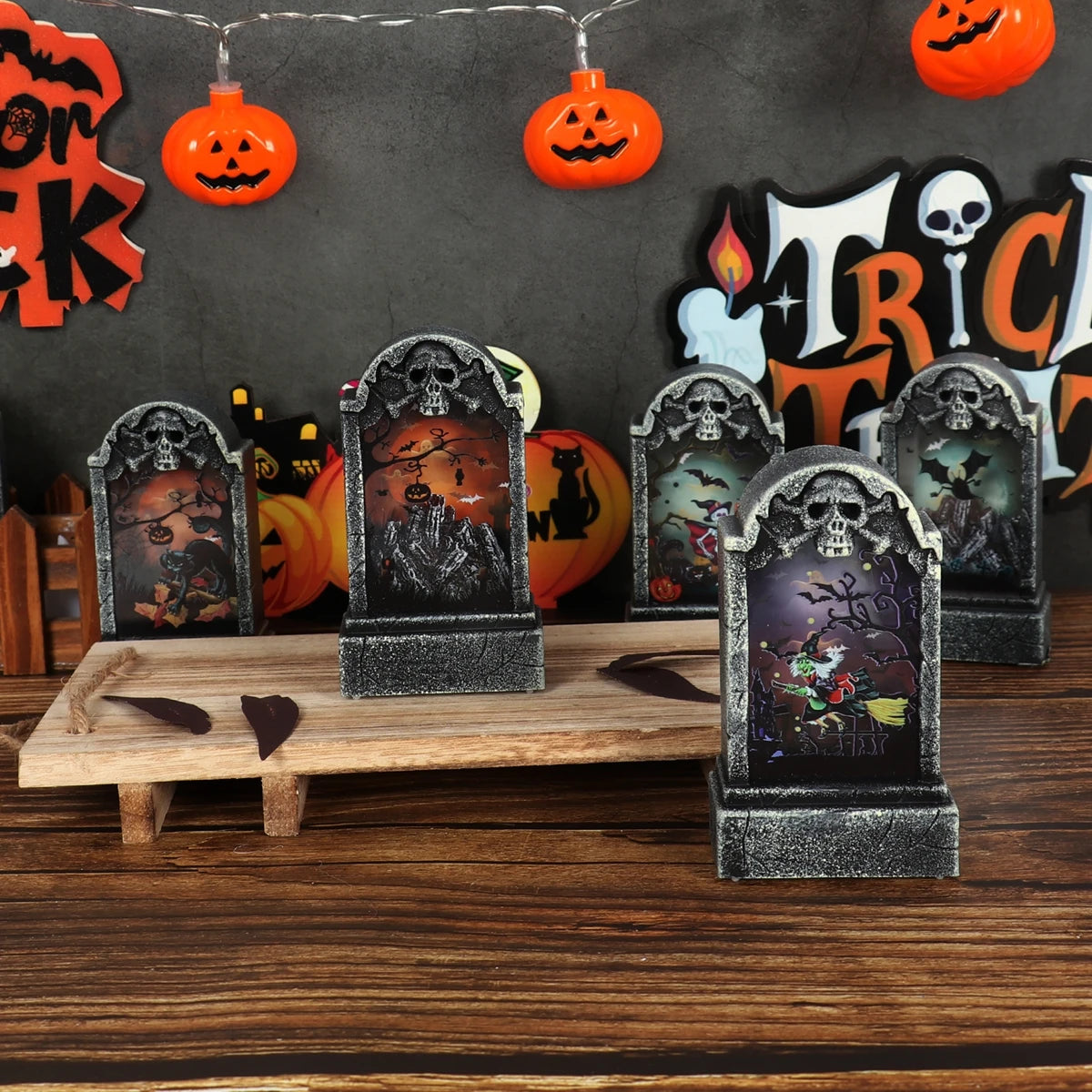 Halloween LED Tombstone Light Glowing Decoration Horror Happy Halloween Party Home Garden Decor Retro Simulation Gravestone Lamp